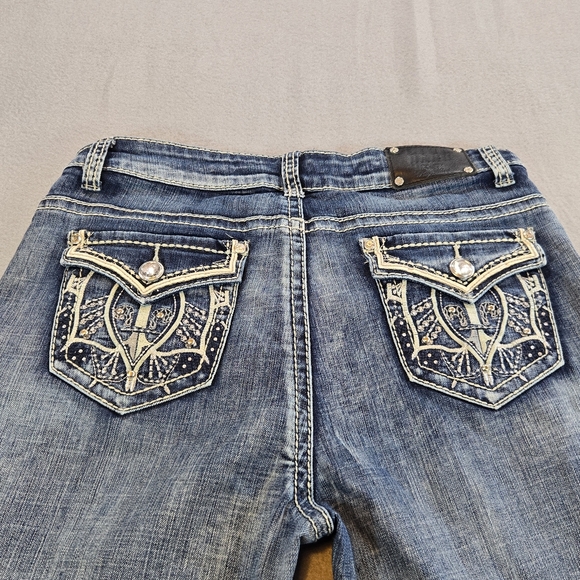 Womens Bootcut Jeans Embellished Pockets Distressed Hem Y2K Denim - Picture 8 of 11